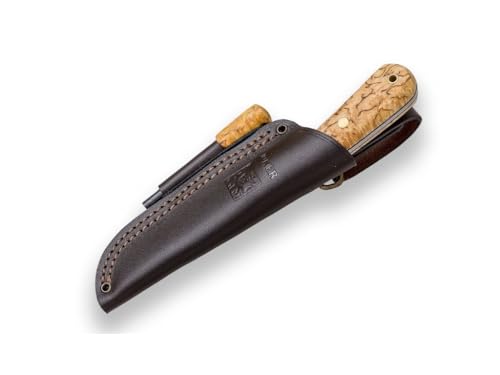 Joker-Messer Mountaineer S CL135-P, 11 cm Klinge Sandvik 14C28N, Griff aus gewellter Birke, braune Lederscheide, Feuerstein + Schaber, Werkzeug für Fischerei, Jagd, Camping und Trekking Joker-Messer Mountaineer S CL135-P, 11 cm Klinge Sandvik 14C28N, Griff aus gewellter Birke, braune Lederscheide, Feuerstein + Schaber, Werkzeug für Fischerei, Jagd, Camping und Trekking von Joker