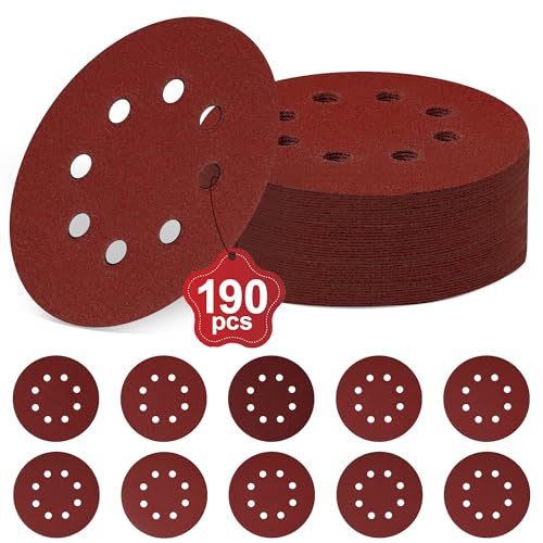 190 Stück Schleifpapier 125mm Klett, Schleifscheiben 8 Loch,P40/P60/P80/P100/P120/P180/P240/P320/P400/P600 Exzenter Runde Schleifpapier von Jokisa