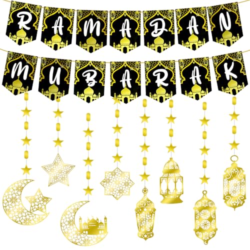 Ramadan Mubarak Eid Dekorationen Set, Ramadan hängende Wanddekorationen mit glänzendem Gold Stern Mond Laterne, Ramadan Mubarak Banner Ramadan Dekorationen für Eid Festival Party Supplies von Jokureao