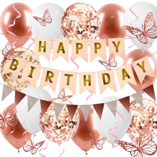 Roségold Geburtstagsdeko Set, Happy Birthday Banner, Frauen Mädchen Party Dekorationen, Schmetterling Aufkleber Geburtstagsdekorationen für Geburtstagsfeier Dekoration Roségold Geburtstagsdeko Set, Happy Birthday Banner, Frauen Mädchen Party Dekorationen, Schmetterling Aufkleber Geburtstagsdekorationen für Geburtstagsfeier Dekoration von Jokureao