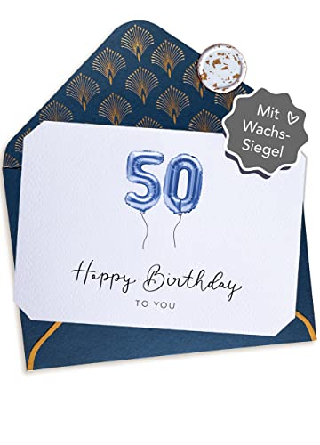 Joli Coon 50 Happy Birthday Klappkarte - A6 mit dunkelblauem Kuvert - Geburtstagskarte 50 von Joli Coon