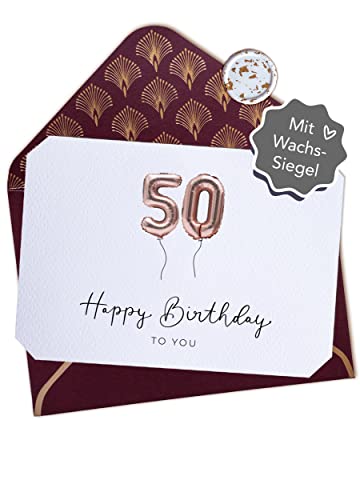 Joli Coon 50 Happy Birthday Klappkarte - A6 mit dunkelrotem Kuvert - Geburtstagskarte 50 von Joli Coon