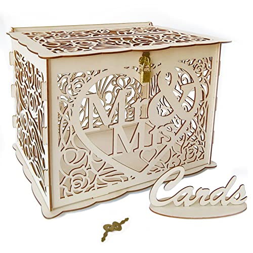Jolik Neuestes Design Briefbox Hochzeit Geschenkkarten Box Vintage Groß DIY Holz Kartenbox Hochzeit Geldbox mit Schloss für Hochzeit Geburtstag Babyparty Jubiläum (Mr & Mrs, Gelb) von Jolik