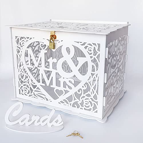 Jolik Neuestes Design Briefbox Hochzeit Geschenkkarten Box Vintage Groß DIY Holz Kartenbox Hochzeit Geldbox mit Schloss für Hochzeit Geburtstag Babyparty Jubiläum (Mr & Mrs, Weiß) von Jolik