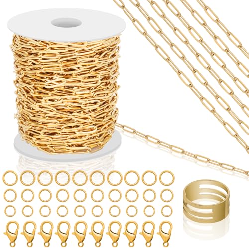 13,1 m lange Goldkette zur Schmuckherstellung, 18 Karat vergoldeter Edelstahl, Büroklammer-Kette für Charm-Armbänder, Halsketten, Schmuck, Bastelzubehör, mit 10 Karabinerverschlüssen und 30 Biegeringe 13,1 m lange Goldkette zur Schmuckherstellung, 18 Karat vergoldeter Edelstahl, Büroklammer-Kette für Charm-Armbänder, Halsketten, Schmuck, Bastelzubehör, mit 10 Karabinerverschlüssen und 30 Biegeringe von Jollidecor