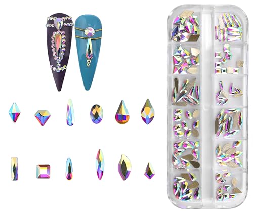 Jollin 120 Stück flache Rückseite Strasssteine Glas Charms Diamanten Edelsteine für Nagelkunst 1 Box verschiedene Formen Crystal AB von Jollin