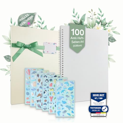 Jolly Stickers® Stickeralbum Geschenkset |100 leere anti-Haft-Seiten A4 (50Blatt) | glitzernder Geschenkkarton+Schleife & Personalisierungskarte | inkl. 6x Filzstickerbögen mit Meeresmotiven von Jolly Stickers