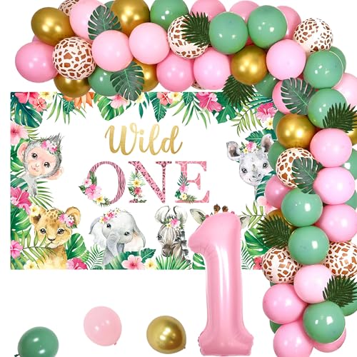 1. Geburtstag Dekorationen für Mädchen Pink Safari Wild One Birthday Hintergrund und Salbeigrün Rosa Ballon Girlande Bogen Kit, Dschungel Wald Tier Luftballons Rosa 1 Folienballon für Baby Mädchen 1. Geburtstag Dekorationen für Mädchen Pink Safari Wild One Birthday Hintergrund und Salbeigrün Rosa Ballon Girlande Bogen Kit, Dschungel Wald Tier Luftballons Rosa 1 Folienballon für Baby Mädchen von Jollyboom
