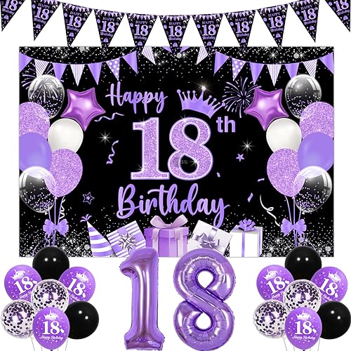 18 Geburtstag Dekorationen für Mädchen Lila, Happy 18th Birthday Hintergrund Banner und Luftballons, Lila Schwarz 18 Geburtstag Dreieck Flagge Wimpelkette 18 Folienballon für Sie 18 Jahre alt 18 Geburtstag Dekorationen für Mädchen Lila, Happy 18th Birthday Hintergrund Banner und Luftballons, Lila Schwarz 18 Geburtstag Dreieck Flagge Wimpelkette 18 Folienballon für Sie 18 Jahre alt von Jollyboom