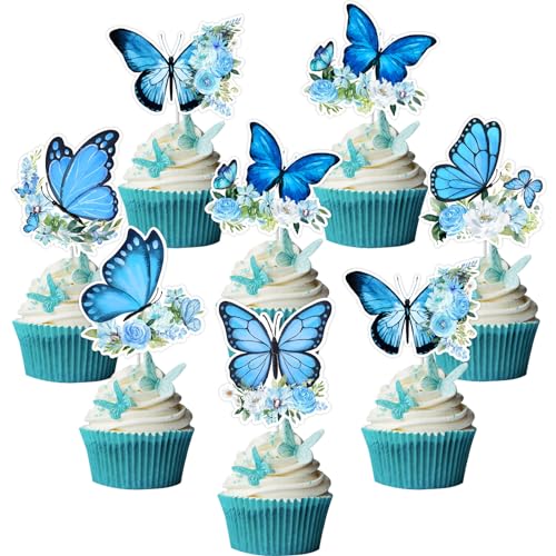 24 Stück blaue Schmetterlings-Cupcake-Topper, Schmetterlings-Geburtstagsdekorationen, doppelseitige Cupcake-Topper für Mädchen und Frauen, Geburtstag, Hochzeit, Brautparty, Verlobung, Babyparty, Party von Jollyboom