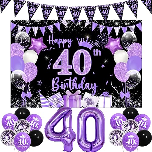 Lila Schwarz 40 Geburtstag Deko Happy Birthday Banner Luftballons Wimpelkette für Frauen Männer Inklusive 40 Folienballons von Jollyboom