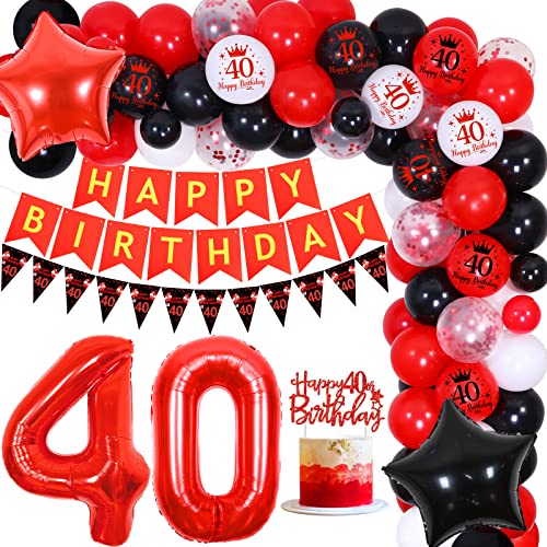 40 Geburtstag Dekorationen für Männer Frauen Rot und Schwarz, 40 Happy Birthday Banner Rot und Weiß Ballon Bogen Kuchen Topper Stern 40 Ballon für 40 Jahre Geburtstag Party Supplies von Jollyboom