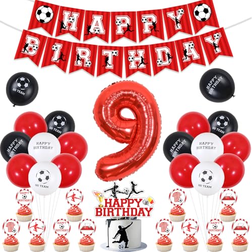 9. Geburtstag Dekorationen Jungen Fußball, Rot Happy Birthday Fußball Banner, Fußballthema Kuchen Cupcake Toppers, Fußball Luftballons Rot Schwarz Weiß, Rot 9 Folie Fußball Ballon für 9 Jahre alten von Jollyboom