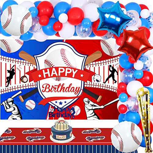 Baseball-Geburtstagsdekorationen Partyzubehör mit Sportthema Happy Birthday Baseball Hintergrund Rot Blau Ballon Girlande Bogen Kit Baseball Tischdecke Cupcake Topper für Jungen Teenager Erwachsene von Jollyboom