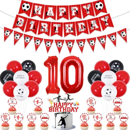 Fußball-Dekorationen zum 10. Geburtstag für Jungen, rot, Fußball-Happy Birthday-Banner, Fußball-Wimpelkette, Cupcake-Topper, Luftballons, rot, schwarz, weiß, 10 Folienballon für Sport, Fußball, Motto Fußball-Dekorationen zum 10. Geburtstag für Jungen, rot, Fußball-Happy Birthday-Banner, Fußball-Wimpelkette, Cupcake-Topper, Luftballons, rot, schwarz, weiß, 10 Folienballon für Sport, Fußball, Motto von Jollyboom