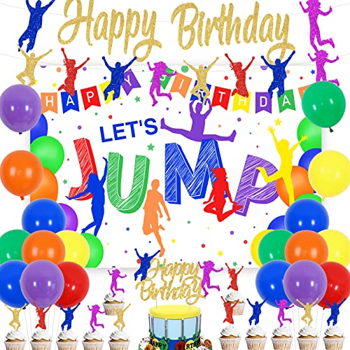 Gymnastik Geburtstag Dekorationen, Lets Jump Happy Birthday Girlande Banner Hintergrund, Gymnastik Trampolin Kuchen Topper für Jump Trampolin Geburtstag Party von Jollyboom