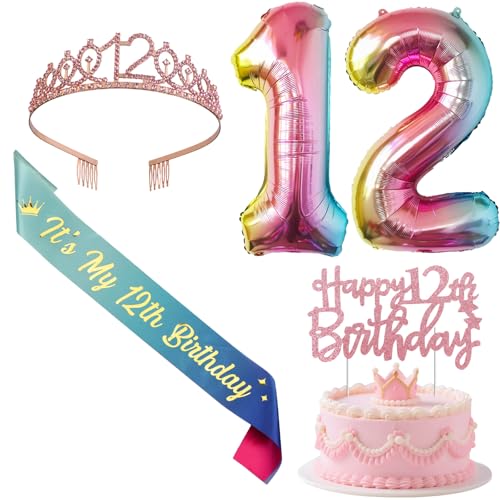 Jollyboom 12 Geburtstag Dekorationen für Mädchen, 12 Geburtstag Schärpe und Tiara, Rosa Glitzer Cake Topper Regenbogen Pastell Nummer 12 Folienballon für 12 Jahre altes Mädchen Offizielle Pre-Teen von Jollyboom