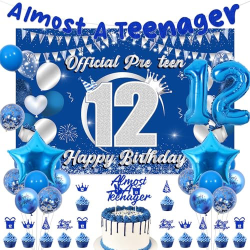 Jollyboom 12. Geburtstag Dekorationen für Jungen, Blau Silber Offizielle 12 Pre-Teen Happy Birthday Hintergrund, Fast ein Teenager Banner Kuchen Cupcake Toppers Blau Stern Folienballons für 12 Jahre von Jollyboom