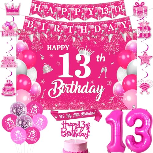 Jollyboom 13. Geburtstag Dekorationen Mädchen, Hot Pink Happy 13th Birthday Hintergrund Banner hängende Wirbel Kuchen Topper Schärpe Folienballon für 13 Jahre altes Mädchen Offizielles It's 13 I'm a von Jollyboom