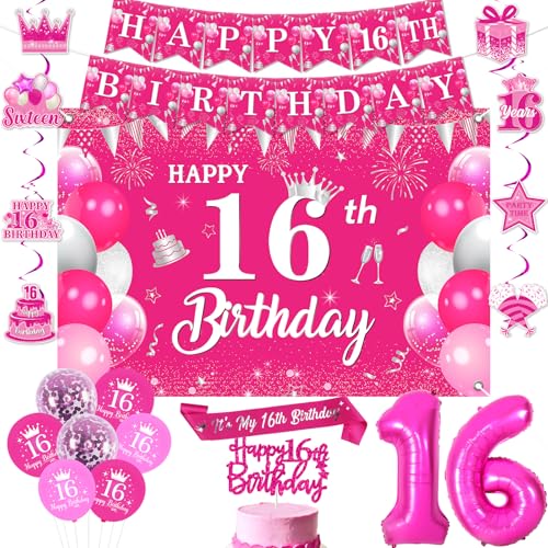 Jollyboom 16. Geburtstag Dekorationen für Mädchen, Hot Pink Happy 16th Birthday Hintergrund Banner hängende Wirbel Kuchen Topper Schärpe Ballon 16 Folie für 16 Jahre altes Mädchen Sweet 16th Bday von Jollyboom