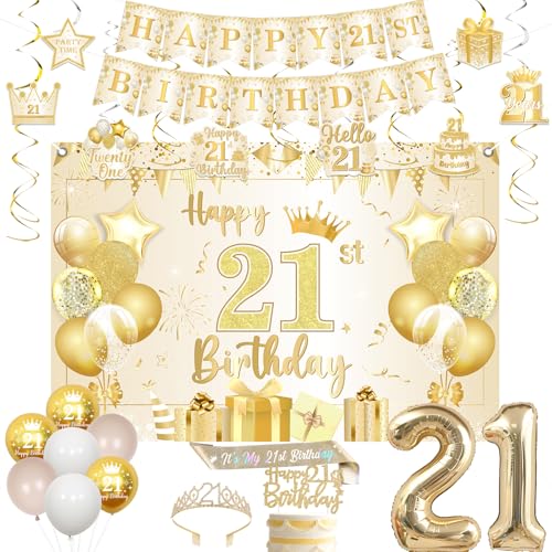 Jollyboom 21. Geburtstag Dekorationen für Sie, Weiß und Gold, Happy 21st Birthday Schärpe und Tiara Hintergrund Banner hängende Wirbel Kuchen Topper Ballons 21 Folie für Frauen 21 Jahre alt Geburtstag von Jollyboom