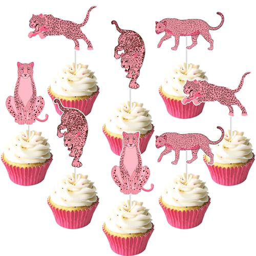 Jollyboom 36 Stück Geparden-Geburtstagsdekorationen, Cupcake-Topper, rosa Gepard, Geburtstagsdekoration, rosa Leoparden-Cupcake-Topper für Mädchen, Dschungelsafari, wilder Geparden-Druck, Geburtstag, von Jollyboom
