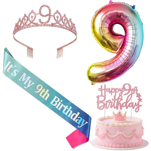 Jollyboom 9 Geburtstag Dekorationen für Mädchen, 9 Geburtstag Schärpe und Tiara, Rosa Glitzer Cake Topper Regenbogen Pastell Nummer 9 Folienballon für 9 Jahre altes Mädchen Party Supplies Geschenke von Jollyboom