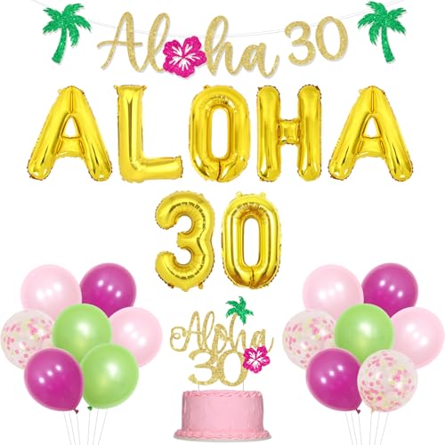 Jollyboom Aloha 30 Geburtstag Party Dekorationen, Tropische Hawaii Aloha Luau 30 Geburtstag Party Dekoration Aloha 30 Banner Grünes Blatt Folienballon Rosa Grün Ballon für Frauen Männer 30 Geburtstag von Jollyboom