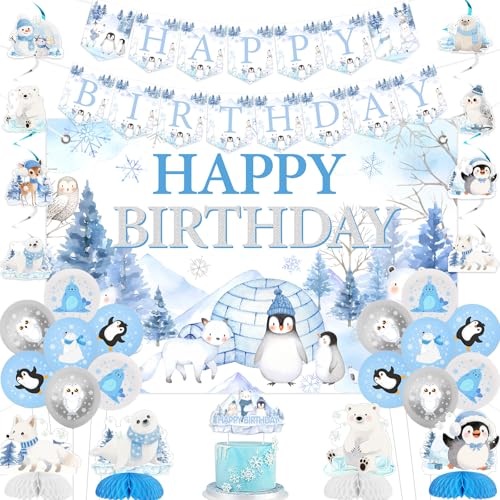 Jollyboom Arctic Animals Geburtstagsdekorationen, Winterwald, Happy Birthday, Kuchendekoration, Banner, Luftballons, Wabenball, hängende Wirbel, Luftschlangen für Pinguin, Arktis, Polarparty von Jollyboom