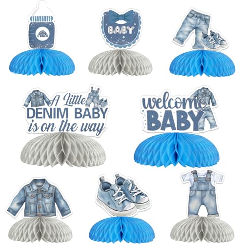 Jollyboom Blue Jean Denim-Babyparty-Dekorationen, 8 Stück, "A Little Denim Baby Is On The Way"-Dekorationen, Waben-Mittelstück für Willkommensfeier, blaue Jeanskleidung, Schwangerschaftsgeschenk von Jollyboom