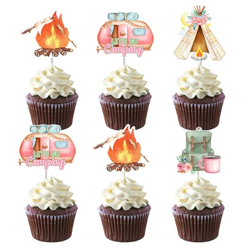 Jollyboom Cupcake-Topper für Mädchen, Camping-Party-Dekorationen, Happy Camper, Rosa, doppelseitiger Druck, Abenteuer, Kuchenaufsatz für Mädchen, Camping-Thema, Geburtstagsdekorationen, Babyparty von Jollyboom
