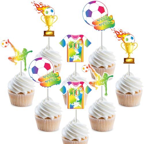 Jollyboom Cupcake-Topper mit Fußballmotiv, doppelseitiger Druck, bunt, für Jungen, Mädchen, Fußball, Sport, Thema, Geburtstag, Babyparty, Party, 24 Stück von Jollyboom