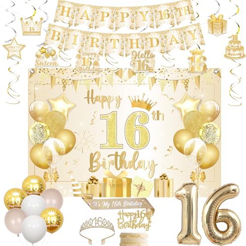 Jollyboom Dekoration zum 16. Geburtstag für Mädchen, Weiß und Gold, Happy 16th Birthday, Schärpe und Tiara, Hintergrund-Banner, hängende Wirbel, Kuchendekoration, Luftballons, 16 Folien, für Mädchen von Jollyboom