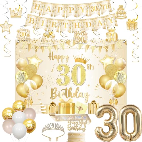 Jollyboom Dekoration zum 30. Geburtstag, Weiß und Gold, Happy 30th Birthday, Schärpe und Tiara, Hintergrundbanner, hängende Wirbel, Kuchendekoration, Luftballons, 30 Folien, für Frauen, 30 Jahre alt Jollyboom Dekoration zum 30. Geburtstag, Weiß und Gold, Happy 30th Birthday, Schärpe und Tiara, Hintergrundbanner, hängende Wirbel, Kuchendekoration, Luftballons, 30 Folien, für Frauen, 30 Jahre alt von Jollyboom