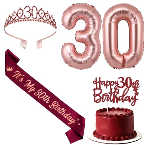 Jollyboom Dekoration zum 30. Geburtstag für sie, Weinrot, Burgunderrot, Geburtstagsdekorationen, It's My 30th Schärpe, Tortenaufsatz, Tiara, Banner Nummer 30, Folienballon für 30 Jahre alte Frauen von Jollyboom