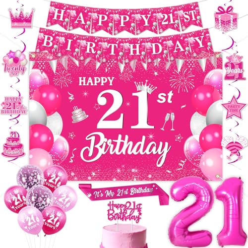 Jollyboom Dekorationen zum 21. Geburtstag für sie, Hot Pink Happy 21st Birthday Dekorationen Hintergrund Banner hängende Wirbel Kuchen Topper Schärpe Luftballons 21 Folie für Frauen Mädchen 21 Jahre von Jollyboom