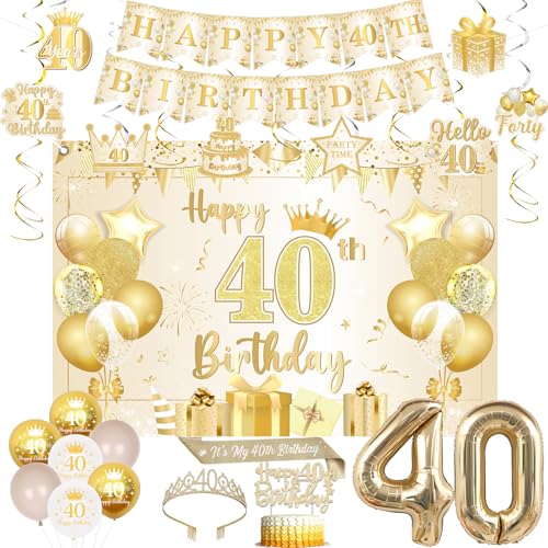 Jollyboom Dekorationen zum 40. Geburtstag, Weiß und Gold, Happy 40th Birthday, Schärpe und Tiara, Hintergrundbanner, hängende Wirbel, Kuchendekoration, Luftballons, 40 Folien für Frauen, 40 Jahre alt von Jollyboom