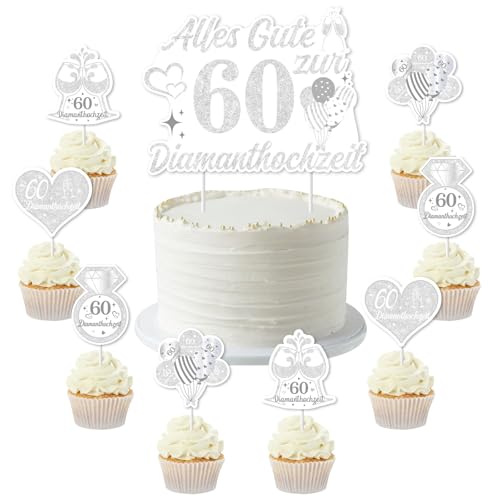 Jollyboom Diamant Hochzeit Deko, Diamant Hochzeit Tortendeko Alles Gute Zum 60 Hochzeitstag Torten Deko Tortenaufsatz Cupcake Topper Silber für 60 Jahre Diamantenehochzeit Jubiläum Geburtstag Deko von Jollyboom