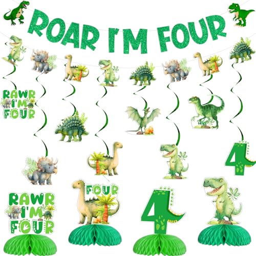 Jollyboom Dinosaurier 4 Geburtstag Dekorationen, Roar Rawr Im 4 Vier Dinosaurier Party Dekorationen Banner Girlande Hängende Wirbel Decke Luftschlangen Girlande Wabenball für 4 Jahre Alt Junge Mädchen Jollyboom Dinosaurier 4 Geburtstag Dekorationen, Roar Rawr Im 4 Vier Dinosaurier Party Dekorationen Banner Girlande Hängende Wirbel Decke Luftschlangen Girlande Wabenball für 4 Jahre Alt Junge Mädchen von Jollyboom