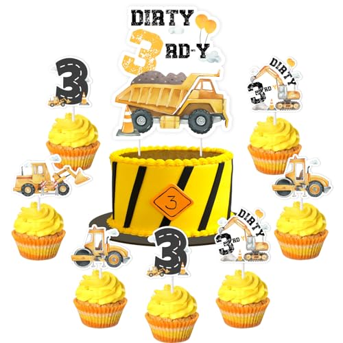 Jollyboom Dirty 3rdy Birthday Boy Decorations Cake Topper, Construction 3rd Birthday Decorations Cake Cupcake Topper Yellow for Boy Girl Excavator 3rd 3 Year Old Birthday Decoration von Jollyboom