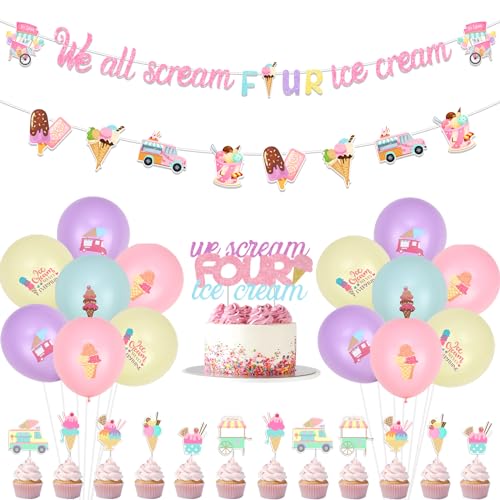 Jollyboom Eiscreme 4 Geburtstag Deko für Mädchen, We All Scream Four Ice Cream Dekoration Banner Girlande Glitzer Kuchen Cupcake Topper für Sommer Eis 4 Geburtstag Deko Mädchen von Jollyboom