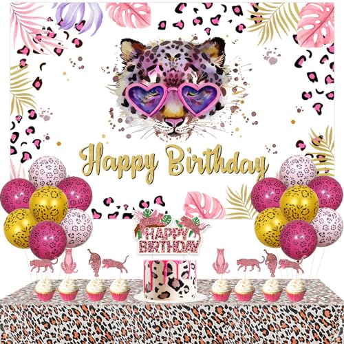 Jollyboom Geparden-Druck Geburtstag Dekorationen - Rosa Leopard Cake Toppers Cupcake Toppers Tischdecke Luftballons für Mädchen Dschungel Safari Wild One Birthday Baby Shower von Jollyboom