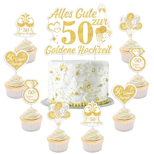 Jollyboom Goldene Hochzeit Deko Torte, Alles Gute Zum 50 Hochzeitstag Kuchen Deko Tortendeko Tortenaufsatz Cupcake Topper Gold für 50 Jahre Hochzeit Jubiläum Geburtstag Deko von Jollyboom