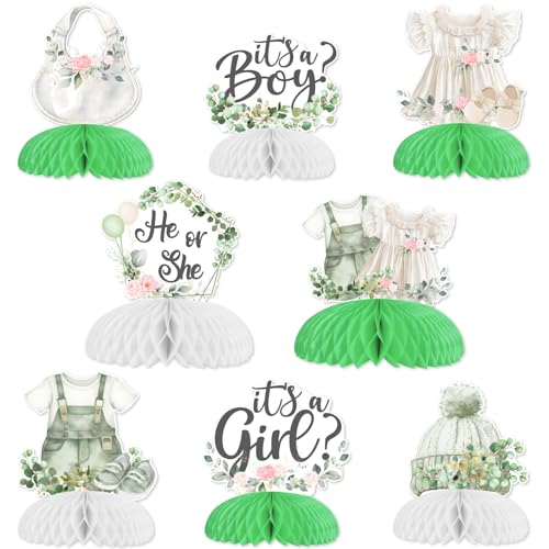 Jollyboom Greenery Deko, 8 Stück, Kleidungsthema, Er oder sie, Waben-Herzstück für den Tisch, Willkommensgeschenk für Jungen oder Mädchen, Duschdekoration, Schwangerschaftsgeschenk von Jollyboom