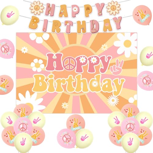 Jollyboom Groovy Hippy Boho Happy Birthday Hintergrund Banner Gänseblümchen Girlande Blume Power Ballons für Retro Hippie 1960er 70er Jahre Party Supplies von Jollyboom
