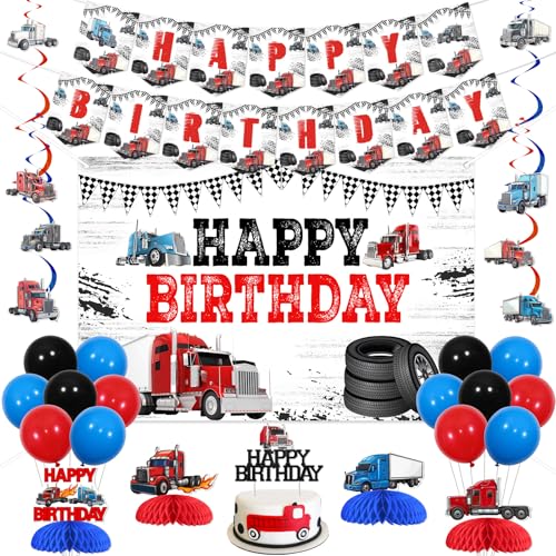 Jollyboom Halblastwagen-Geburtstagsparty-Dekorationen, LKW-Happy Birthday-Hintergrund, Banner, Kuchendekoration, Waben-Mittelstück, hängende Wirbel, Luftballons für Jungen, schwere von Jollyboom