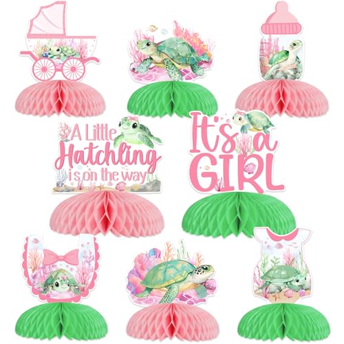 Jollyboom Meeresschildkröte Babyparty-Dekorationen für Mädchen, 8 Stück, "A Little Hatchling Is On The Way", Waben-Mittelstücke für It's a Girl, Willkommensgeschenk, Geschenk für das Geschlecht von Jollyboom