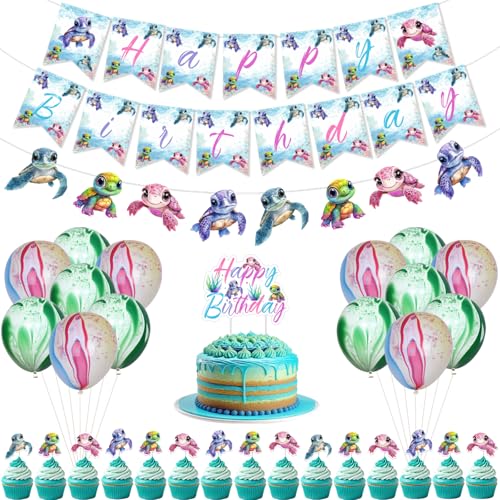 Jollyboom Meeresschildkröten-Geburtstagsdekorationen, unter dem Meer, Geburtstagsdekoration, Banner, Girlande, Kuchen, Cupcake-Topper, Luftballons für bunte Ozean-Tier-Partys von Jollyboom