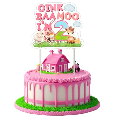 Jollyboom Oink Baa Moo I Am Two Birthday Dekoration für 2. Geburtstag, Motiv: Bauernhoftiere, rosa Bauernhof, Kuchendekoration für 2 Jahre alte Mädchen, Scheune, Barnyf, Tierparty Jollyboom Oink Baa Moo I Am Two Birthday Dekoration für 2. Geburtstag, Motiv: Bauernhoftiere, rosa Bauernhof, Kuchendekoration für 2 Jahre alte Mädchen, Scheune, Barnyf, Tierparty von Jollyboom