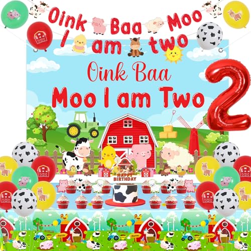 Jollyboom Oink Baa Moo Im Two Party-Dekorationen mit Bauernhoftieren zum 2. Geburtstag, Dekoration, Hintergrundbanner, Kuchen, Cupcake-Topper, Tischdecke, Zahl 2, Luftballons für 2 Jahre alte von Jollyboom
